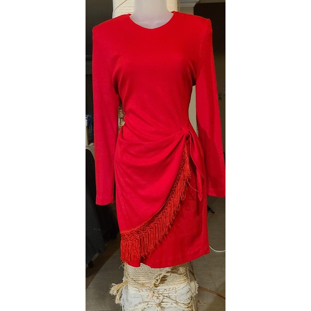 Vintage Size 4 French Knitted Long-sleeved Dress Short Skirt Fringe Wrap